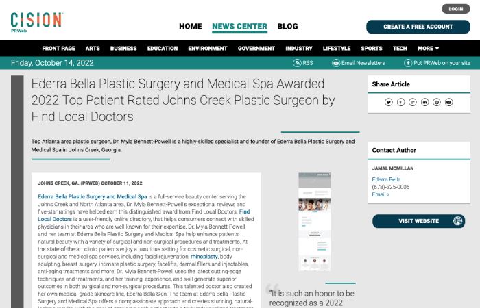 Screenshot of an article titled: Preserve your Pretty Skin and Body Plastic Surgery and Medical Spa Awarded 2022 Top Patient Rated Johns Creek Plastic Surgeon by Find Local Doctors